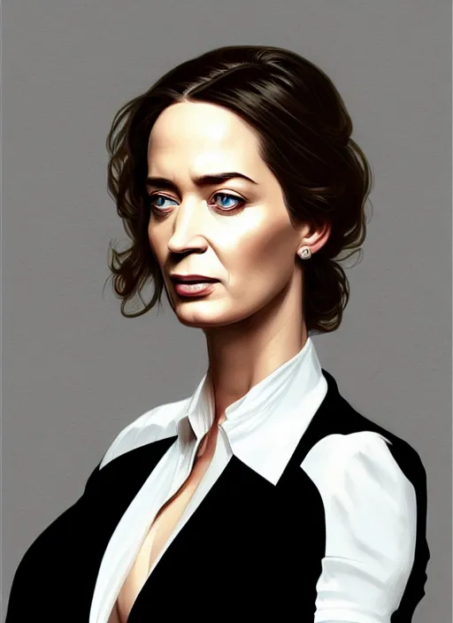 Image similar to portrait of emily blunt as business woman, black suit, white shirt, black tie, intricate, headshot, highly detailed, digital painting, artstation, concept art, sharp focus, cinematic lighting, illustration, art by artgerm and greg rutkowski, alphonse mucha, cgsociety