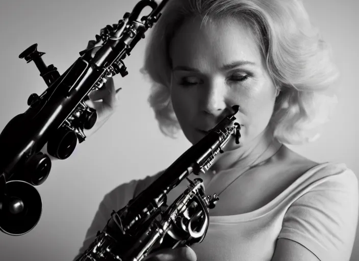 Image similar to photo still of tuesday weld playing a clarinet, 8 k, studio lighting bright ambient lighting key light, 8 5 mm f 1. 8