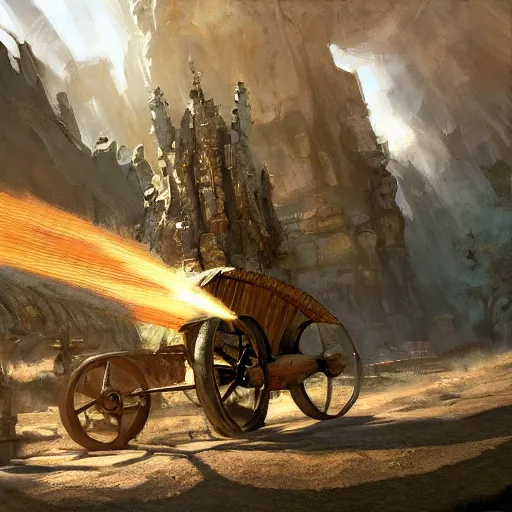 Prompt: a sling machine firing rocks flying, cart wheels, epic fantasy style art by Craig Mullins, fantasy epic digital art