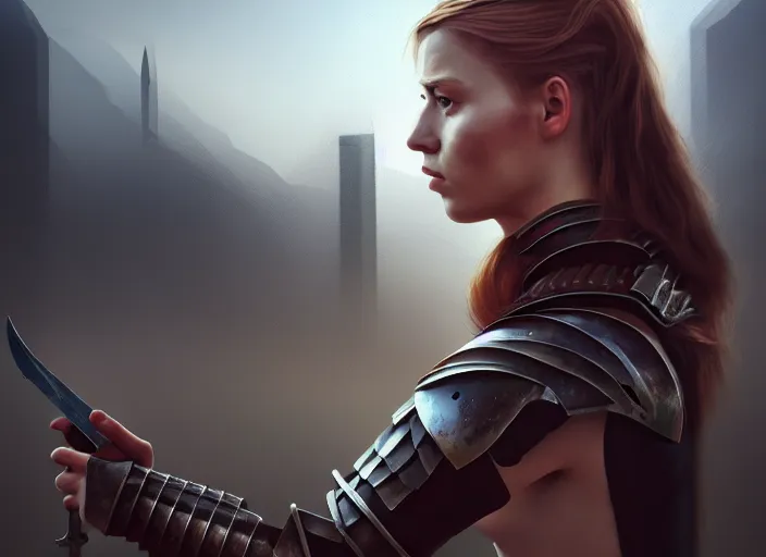 Prompt: landscape of a future city, a young english woman between the ages of 2 0 - 2 5 years, wearing armor and pointing a dagger, wearing a face full of anger. fine art, modern realism, sharp focus, good lighting, trending on artstation, trending on tiktok, smooth drawing, elegant, authoritative, without anomalies.