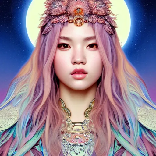 Image similar to portrait of jossi of blackpink, goddess of the moon, highly detailed, digital painting, smooth, sharp focus, illustration, ultra realistic, 8 k, art by artgerm and alphonse mucha