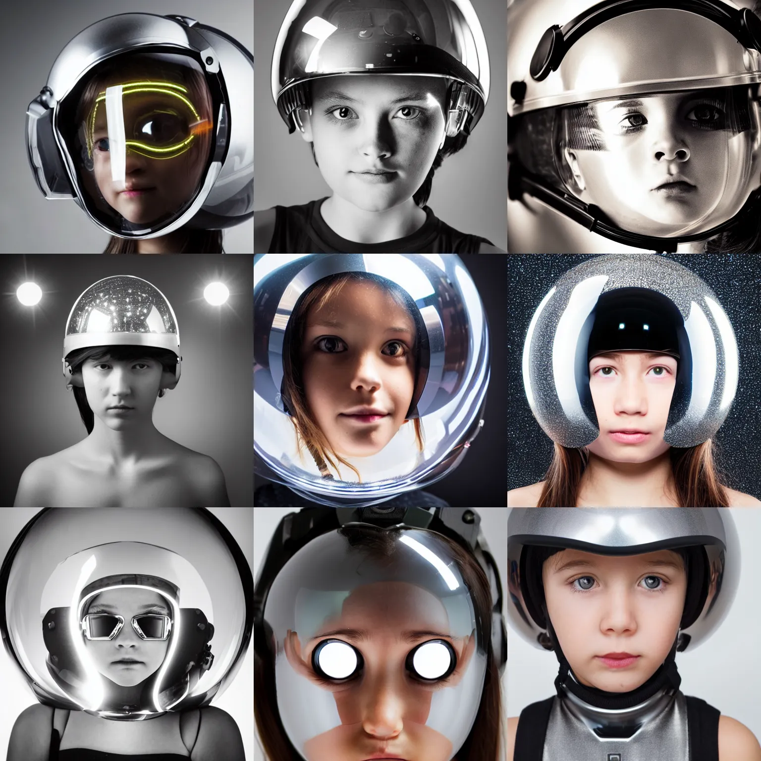 Prompt: a cyborg girl with a shiny spherical reflective glass helmet, looking straight at the camera. close-up, 20mm wide-angle, monochrome, high contrast, lit by two big softboxes