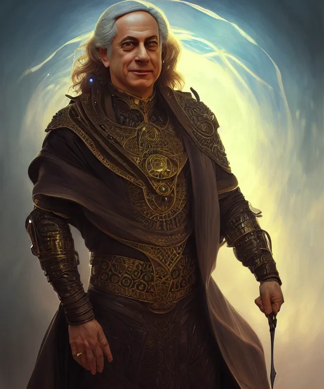 Image similar to Benjamin Netanyahu as a fantasy magic man portrait, sci-fi, amber eyes, face, long hair, fantasy, intricate, elegant, highly detailed, digital painting, artstation, concept art, smooth, sharp focus, illustration, art by artgerm and greg rutkowski and alphonse mucha