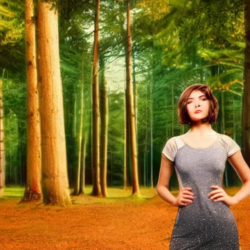 Prompt: an hd photo of a pretty young woman with short brown hair and green eyes, beautiful trees in the background, night sky with stars and galaxies, trending on artstation