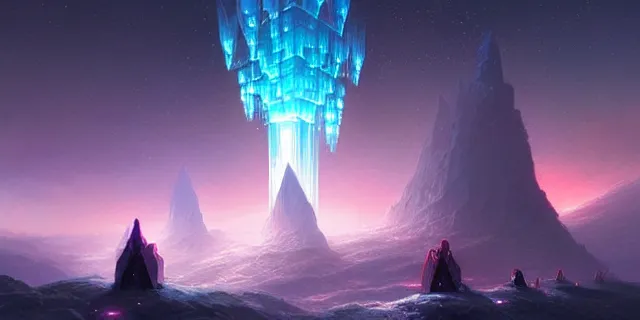 Image similar to a fleet of giant glowing futuristic crystal cubes in the sky, a fantasy magical landscape seen in the distance, atmospheric lighting, intricate, volumetric lighting, beautiful, sharp focus, ultra detailed, in the art style of marc simonetti, bowater charlie and brom gerald, astrophotography