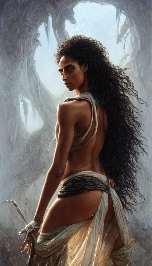 Prompt: imaan hammam, dancer, lord of the rings, sweaty insane, intricate, highly detailed, digital painting, artstation, concept art, smooth, sharp focus, illustration, unreal engine 5, 8 k, art by artgerm and greg rutkowski and alphonse mucha