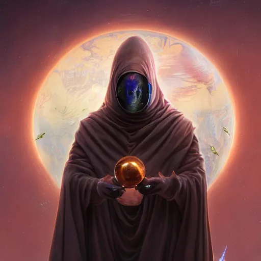 Image similar to masked nomad male wearing a cloak on an alien world and holding a holographic planet projection in his hand, detailed, sci - fi, digital painting, artstation, sharp focus, illustration, ominous, artgerm, tomasz alen kopera, peter mohrbacher, donato giancola, joseph christian leyendecker, wlop, frank frazetta