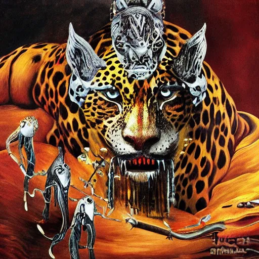 Image similar to an intricated and detailed painting of a shaman turning into a jaguar by salvador dali 4 k render