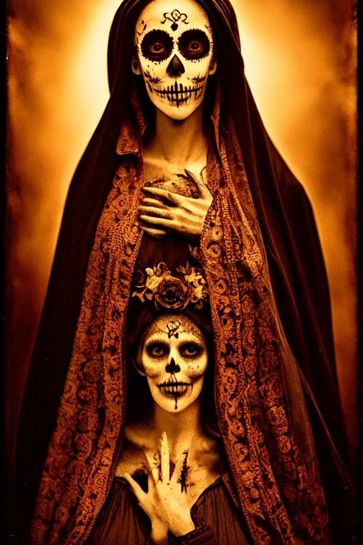 Image similar to calotype virgin mary in dia de muertos dress and make up, horrific beautiful vibe, evocative, atmospheric lighting, painted, intricate, highly detailed, leesha hannigan, wayne haag, reyna rochin, ignacio fernandez rios, mark ryden, iris van herpen, stunning, gorgeous, sharp focus, cinematic, masterpiece