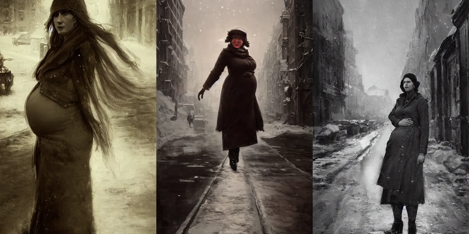 Prompt: full-length portrait of a pregnant woman on the street of besieged Leningrad by Raymond Swanland, trending on artstation, historically reliable photo chronicle, winter 1941, cinematic, hyper realism, dramatic lighting, high detail 4k