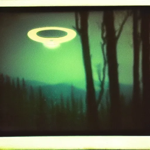 Image similar to ufo flying over a forest at night, grainy photo, old polaroid,