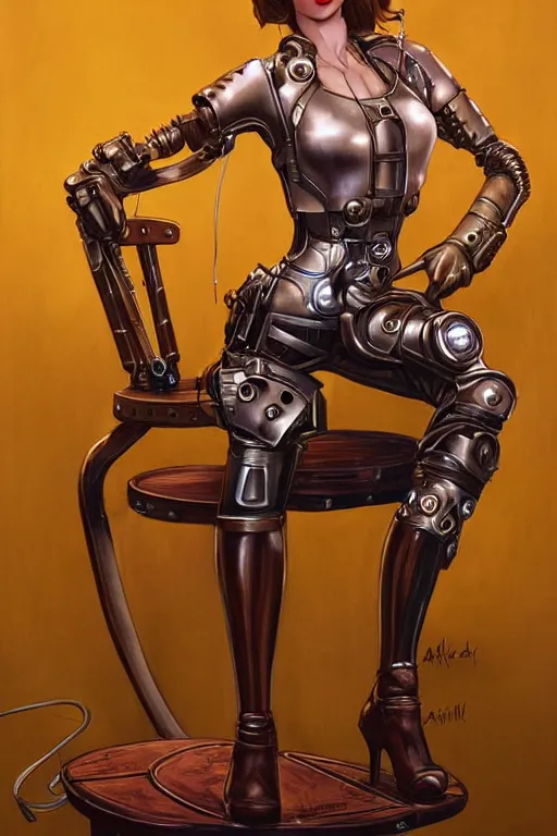 Image similar to retrofuturistic female android tied to a chair, steampunk, gears, detailed mechanical parts, painting by artgerm julie bell Ed Brinkley