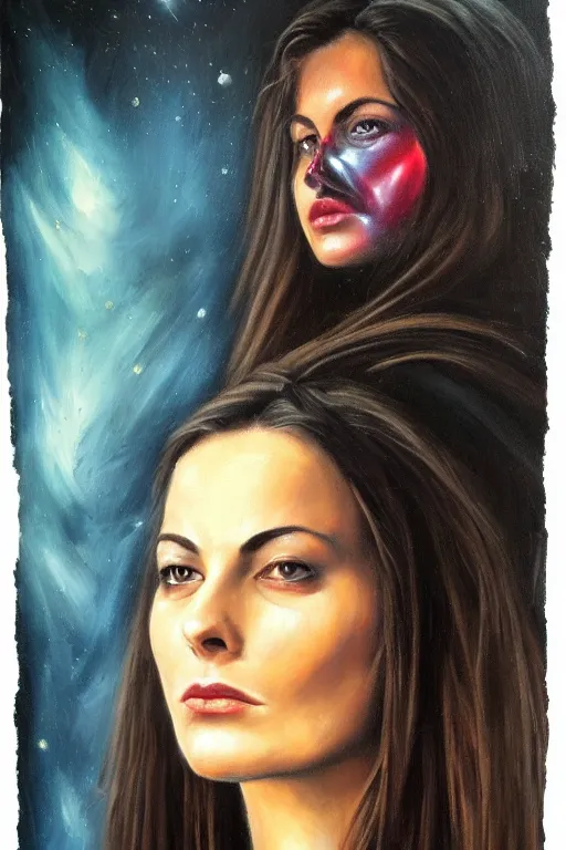 Image similar to hyperrealism oil painting, close - up portrait of carole bouquet medieval brunette vampire fashion model, knight, steel gradient mixed with nebula sky, in style of baroque