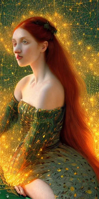 Prompt: an marveled young woman surrounded by golden firefly lights in a mesmerizing scene, sitting amidst nature fully covered, intricate detailed dress, long loose red hair, precise linework, accurate green eyes, small nose with freckles, smooth oval head, expressive emotions, hyper realistic ultrafine portrait by artemisia gentileschi, jessica rossier, artgerm