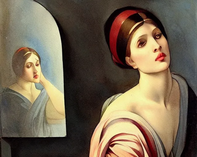 Prompt: a very unique stylize watercolor painting. 3 / 4, medium shot. a straight and long nose, and huge prominent eyes. she is looking at the mirror and crying to the sun. old photograph. sharp image. academicism, highly detailed, color harmony, art station, ornate, caravaggio style. old photography