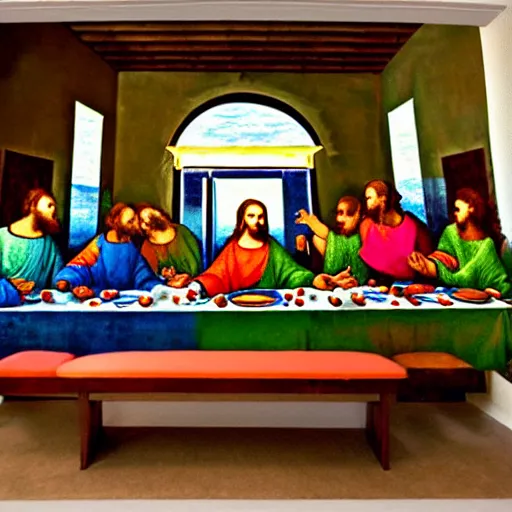 Image similar to painting of the last supper with dogs, mural by michelangelo