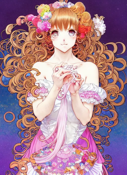 Image similar to manga of beautiful cat girl aside carousel, curls hair, rococo ruffles dress, pastel rainbow, pearlescent, shimmering, prismatic, reflective, rim light, detailed background, by katsuhiro otomo, takeshi obata, alphonse mucha, illustration, artstation, concept art, highly detailed, colorful, maximalist