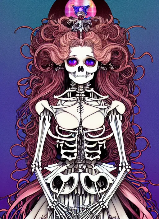 Prompt: highly detailed terada katsuya artstation ayami kojima manga poster of princess mechine as vampire skeleton, rainbow gradient reflection, long hair, armor, dress, laces, ruffles, 8 k, maximalist,, jump comics, tomer hanuka, alphonse mucha