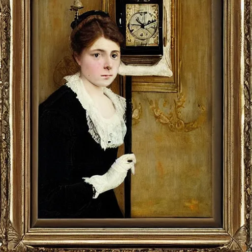 Prompt: young victorian lady curiously examining a mechanical clock, painted by alfred stevens