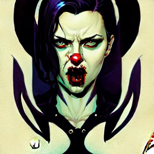 Image similar to rafael albuquerque comic art, art nouveau, peter mohrbacher, artgerm, pretty scarlett johansson vampire sharp vampire teeth open mouth, symmetrical eyes, black leather jacket, jeans, long blonde hair, full body