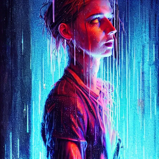 Prompt: bright aesthetic portrait LSD glowing backlit rain on face and wet hair, cyberpunk, overhead lighting, fantasy, intricate, elegant, dramatic lighting, highly detailed, lifelike, photorealistic, digital painting, artstation, illustration, concept art, smooth, sharp focus, art by John Collier and Albert Aublet and Krenz Cushart and Artem Demura and Alphonse Mucha