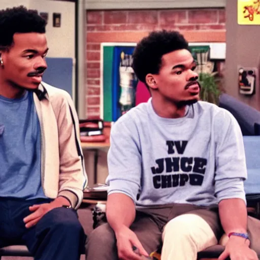 Image similar to a tv still of Chance The Rapper starring as a black college student at Jones College Prep in a 1993 sitcom