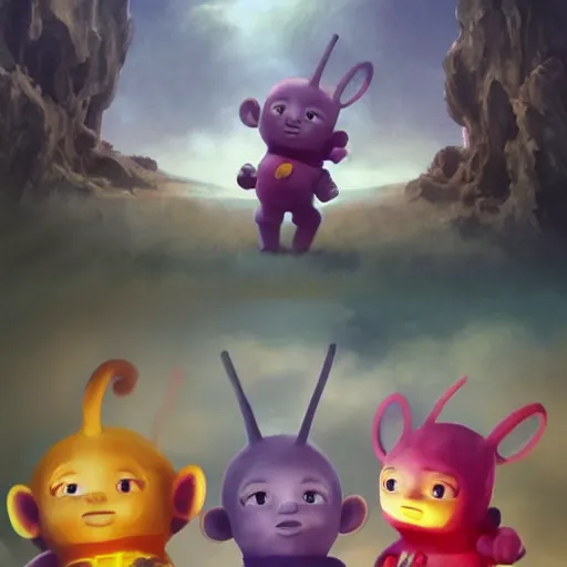 Prompt: teletubbies on a destructive rampage. people flee them in fear., by stjepan sejic, ruan jia, and mandy jurgens, and artgerm, and william adolphe bouguereau 8 k. epic digital art. trending on artstation. trending on deviantart.