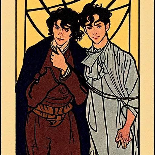 Image similar to tarot card of young cute handsome beautiful dark medium wavy hair man in his 2 0 s named shadow taehyung and cute handsome beautiful min - jun together at the halloween party, bubbling cauldron, candles, smoke, autumn colors, elegant, stylized, soft facial features, delicate facial features, art by alphonse mucha, vincent van gogh, egon schiele