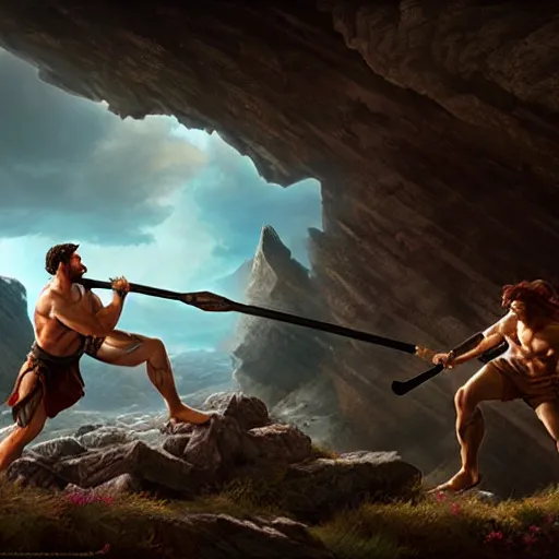 Image similar to Hercules clashing Perseus next to a cliff, artwork by Stefan Kopinski and Guillem H. Pongiluppi, photo realistic, atmospheric lighting, HDR, high detail