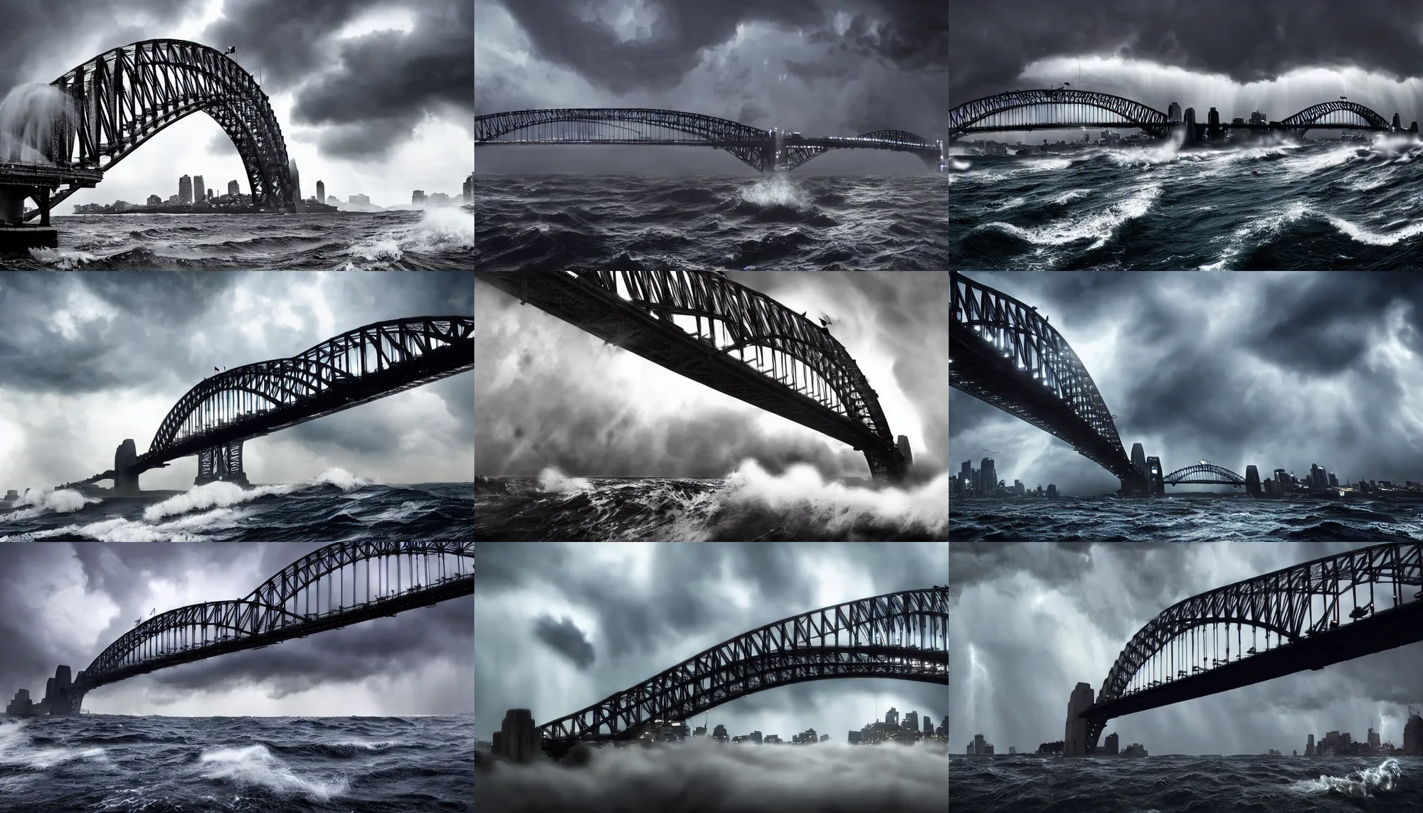 Prompt: Epic Realistic Eerie picture of Sydney Harbor Bridge over stormy ocean, ocean waves, storm, lighting, beautiful detailed stormy clouds over a huge bridge over troubled dark water, Elaborate, Highly Detailed Architecture trending on Artstation hyperdetailed detailed matte painting Unreal Engine Art of Illusion mysterious ominous ethereal expansive, 4K 64 megapixels 8K resolution DSLR HDR Cinema 4D IMAX detailed hyperdetailed photorealistic concept art detailed painting deviantart hyperrealism trending on Artstation Unreal Engine,landscape polished photorealistic landscape polished photorealistic Photorealism, lifelike Geometric, realistic, amazing depth expansive realistic photo-like painting by Caspar David,highly intricate, sophisticated and complex digital painting, hyperrealism, Cinema 4D, 8k resolution, 64 megapixels, CGSociety, ZBrushCentral, behance HD, hypermaximalist, a masterpiece,erie disturbing anxious epic amazing disturbing causing anxiety,soft focus macro lens macro photography panorama golden hour filmic long exposure Art of Illusion Artrift AutoCAD rendered in Blender shadow depth Sketchlab r/Art deviantart