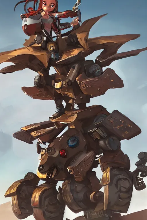 Image similar to Character concept art of a pretty girl riding on the back of a giant battlerobot