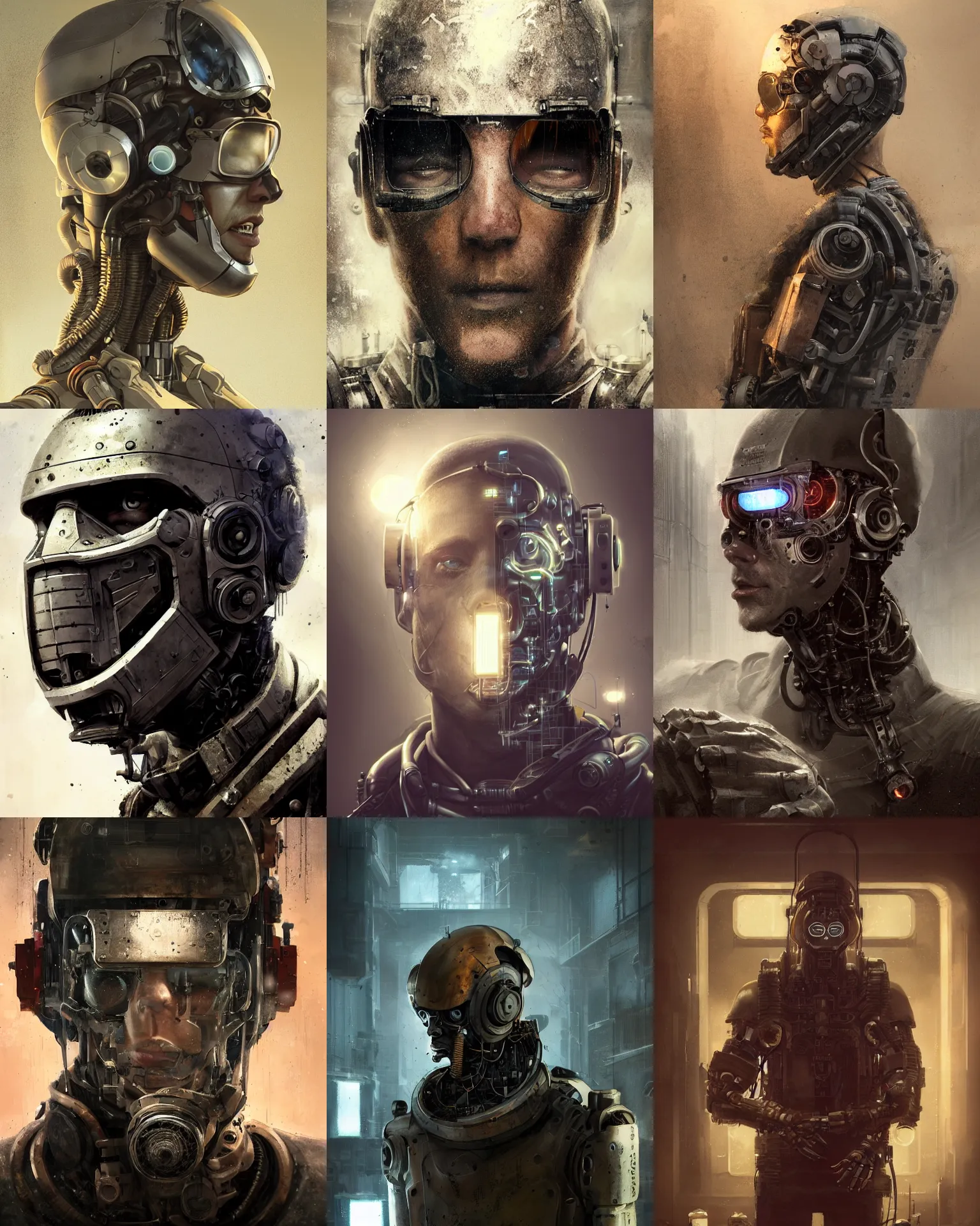 Image similar to a half - masked rugged young laboratory engineer man with cybernetic enhancements as seen from a distance, scifi character portrait by greg rutkowski, esuthio, craig mullins, 1 / 4 headshot, cinematic lighting, dystopian scifi gear, gloomy, profile picture, mechanical, half robot, implants, steampunk