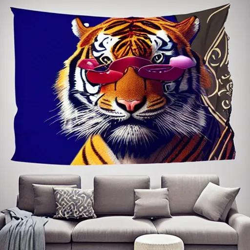 Prompt: a very elaborate elaborated huge standalone hyperrealistic photorealistic royal tiger wearing sunglasses, art nouveau rococo in the style of caravaggio. unexpected maximalist fabric elements hd 8 x matte background in vibrant pastel tones