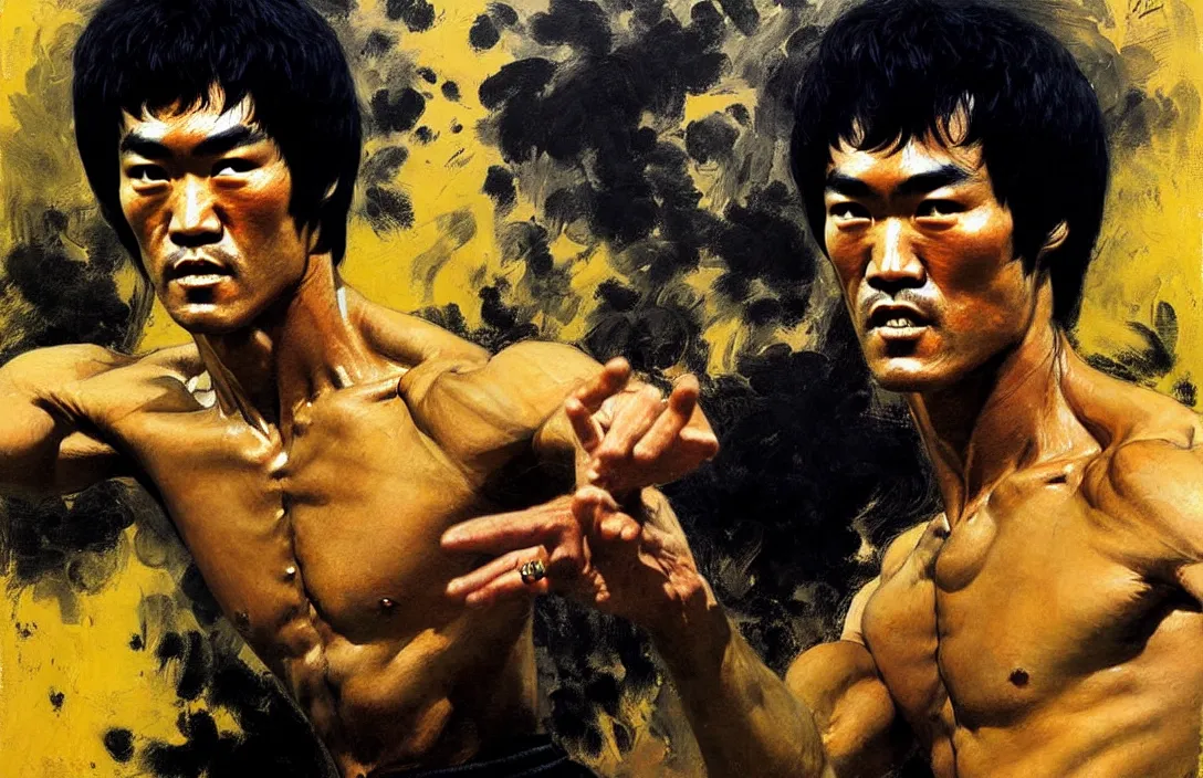 Image similar to portrait of bruce lee!!!!!!!!!!!!!!!!!!!!!!!!!!!, detailed face, detailed painting, epic lighting, by ilya repin, phil hale and kent williams