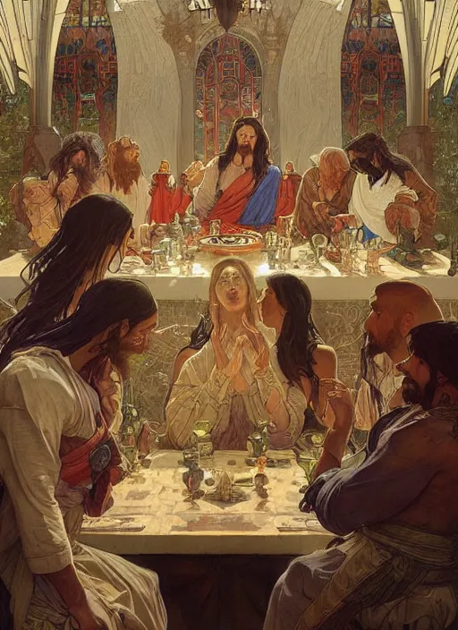 Image similar to the last supper beautiful painting by arthur addams and greg rutkowski and alphonse mucha, highly detailed, illustration, epic, fantasy, intricate, hyper detailed, artstation, concept art, smooth, sharp focus, ray tracing