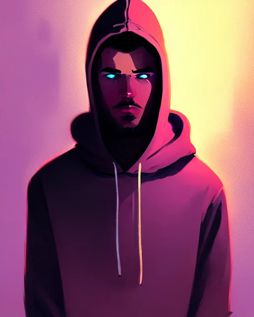 Image similar to neo - noir, hyper - realistic portrait of a man in a hoodie, intricate, 4 k, by atey ghailan, by greg rutkowski, by greg tocchini, by james gilleard, by joe fenton, by kaethe butcher, dynamic lighting, lighting color scheme, sharp focus, grunge aesthetic