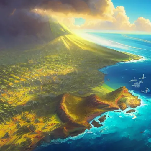 Image similar to a painting a breathtaking aerial view of Hawaiian islands with Pirates, surrounded by palm trees, clouds, flowers, volcano, azure ocean, sunlight glistening, glow, , a detailed matte painting by sylvain sarrailh, Stephan Martinière, by RHADS, Makoto Shinkai, bokeh, Artstation contest winner, fantasy art, concept art, #vfxfriday