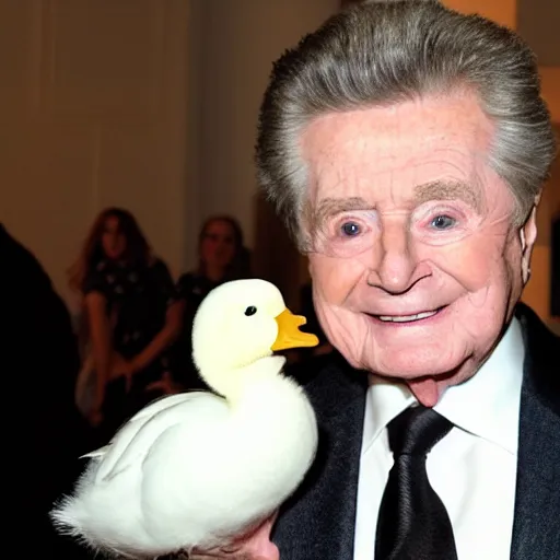 Prompt: regis philbin, holding a white duck