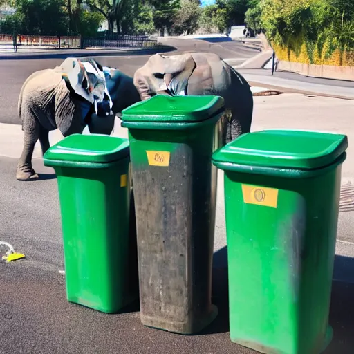 Prompt: three green trashbins on tbe street in front of the fences and a baby elephant and a baby rhinoceros searching food inside of the bins