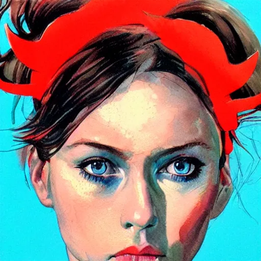 Image similar to detailed details photorealistic beautiful girl wearing devil horn headband in the style of bob peak and alex ross, gouache and wash paints color, detailed details facial and body and human and environments and proportionate, detailed 5 k details.