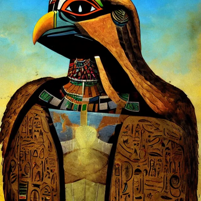 Prompt: rough painting of Horus the falcon headed egyptian god by Enki Bilal and Dave McKean