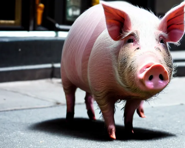 Image similar to pig with a very fat belly in new york city