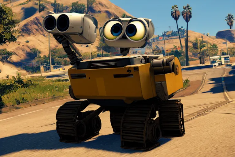 Image similar to wall - e in grand theft auto 5, heavy detailed, ultra high definition quality, gta 5 game engine graphics