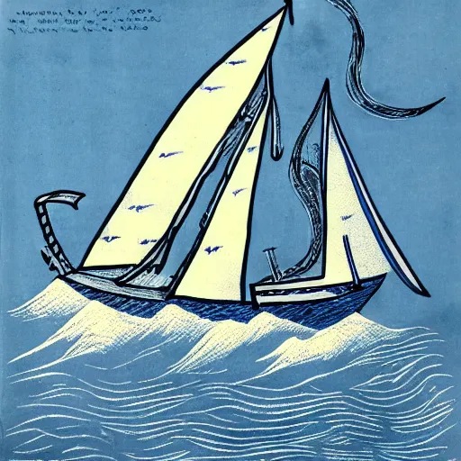 Prompt: a viking boat, at see on high waves, big sails, lots of wind, spray, see foam, blue ink, engraving