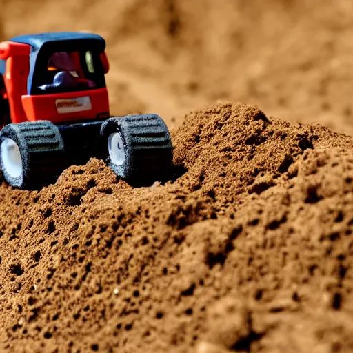 Prompt: toy excavator riding on dirt, 3 3 mm close up photo