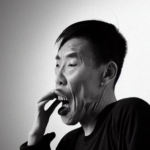 Prompt: A still from a Hong Kongese anti-smoking API (PSA/Commercial), the API shows a skinny man coughing, 1980's aesthetic, grey gradient background, dark lighting, scary, ominous.