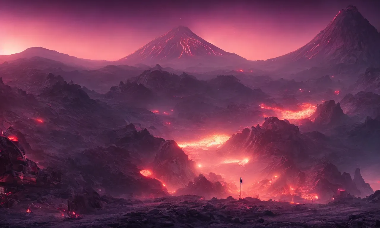 Image similar to mountainous, volcanic, alien planet covered in a purple haze, buildings in front, science-fiction, cinematic lighting, cinematic angle, Guillem H. Pongiluppi, Sviatoslav Gerasimchuk, Federico Pelat, dusk