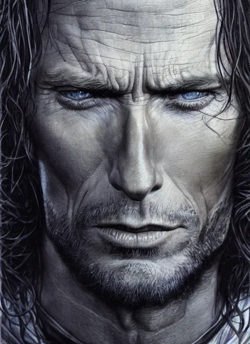 Prompt: Clint Eastwood as Aragorn by Alan Lee, medium shot, very detailed eyes, golden hour, concept art, detailed clothing, art station, oil painting