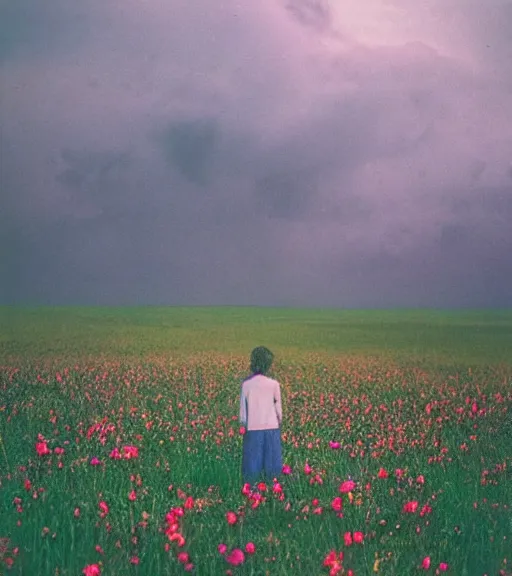 Image similar to mystical death god standing in tall meadow of flowers, distant, film photo, grainy, high detail, high resolution