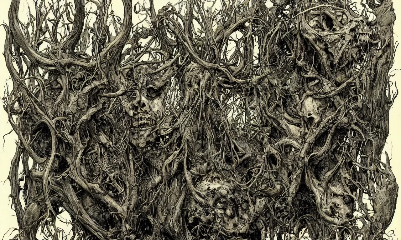 Image similar to hyperdetailed art nouveau portrait of treebeard and swamp thing as a cthulhu eyeball moose skull wendigo swamp thing creatures, by michael kaluta, pushead and bill sienkiewicz, photorealism, claws, skeleton, antlers, fangs, forest, wild, bizarre, scary, lynn varley, lovern kindzierski, steve oliff